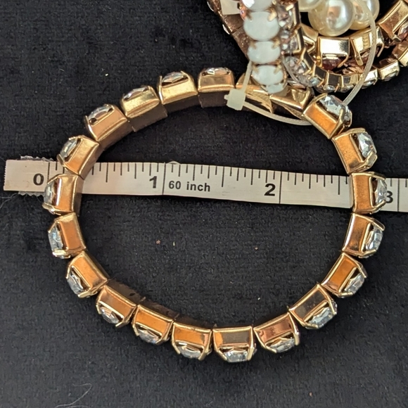 Pearl Rhinestone and Gold Crystal Bracelet Set Adjustable Stretchable Retro 90s - Picture 7 of 8